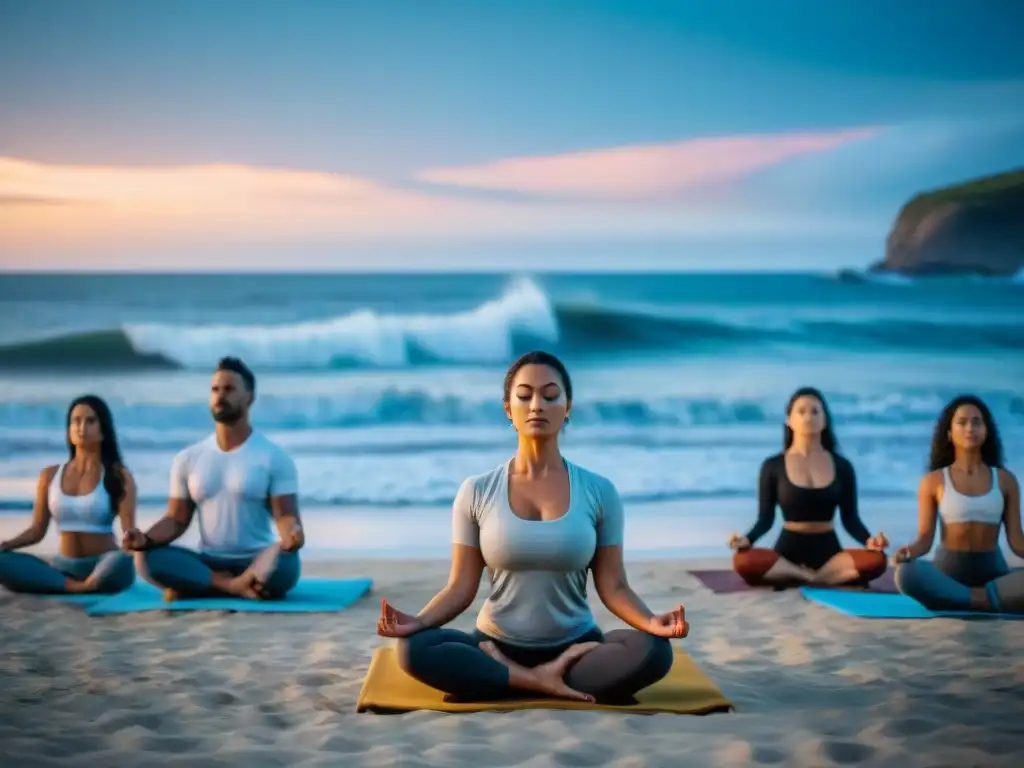 Retiro de meditación en luna llena en Uruguay: Practicantes de yoga en la playa bajo la suave luz lunar, en armonía con la naturaleza y la calma