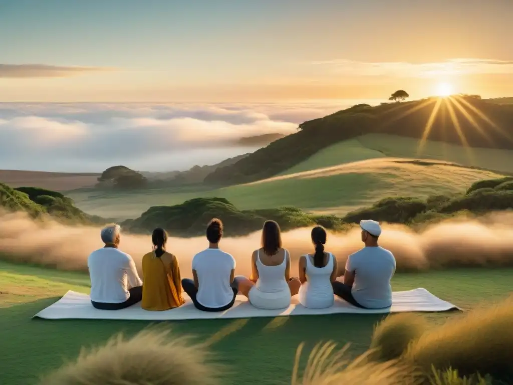 Un retiro de meditación en Uruguay, donde la luz dorada del atardecer ilumina la paz y unidad de un grupo en meditación