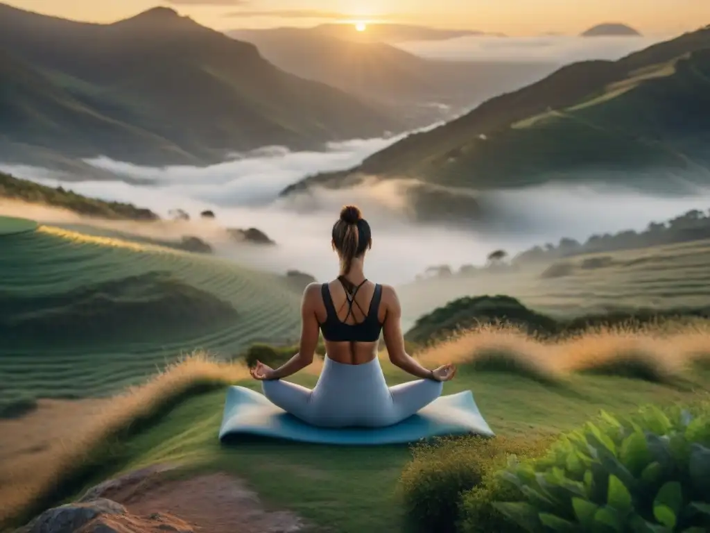 Retiro de yoga en montañas uruguayas: Practicantes en poses meditativas al atardecer