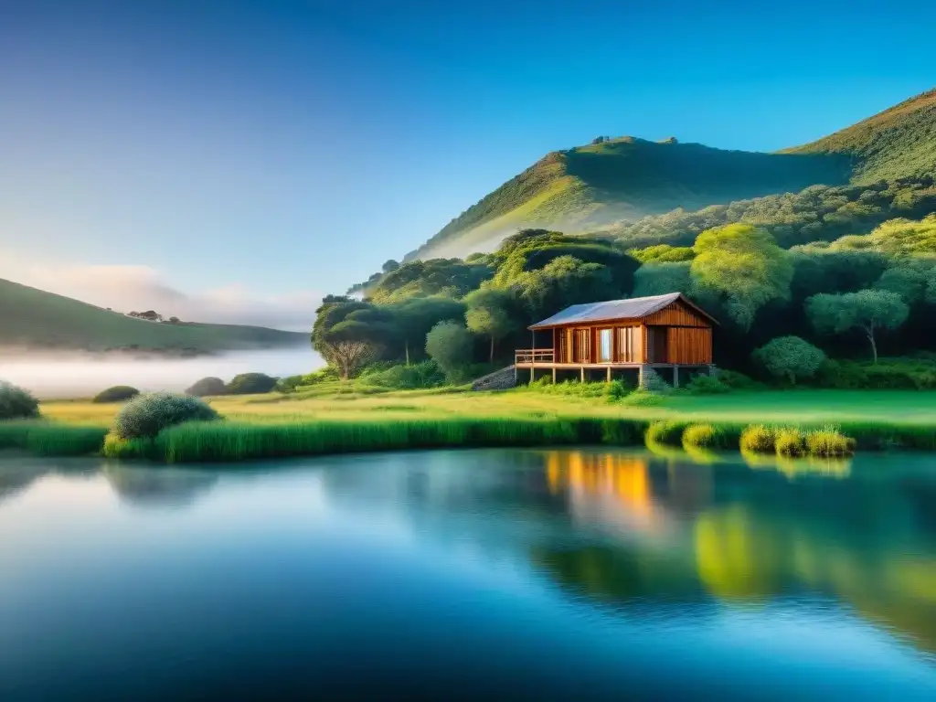 Retiro de meditación en Uruguay: paisaje sereno con colinas verdes, lago tranquilo y cabaña en bosque