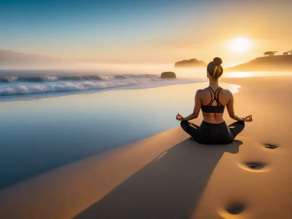 Retiro de yoga y meditación en Uruguay: paz al amanecer en la playa, figura solitaria practicando yoga