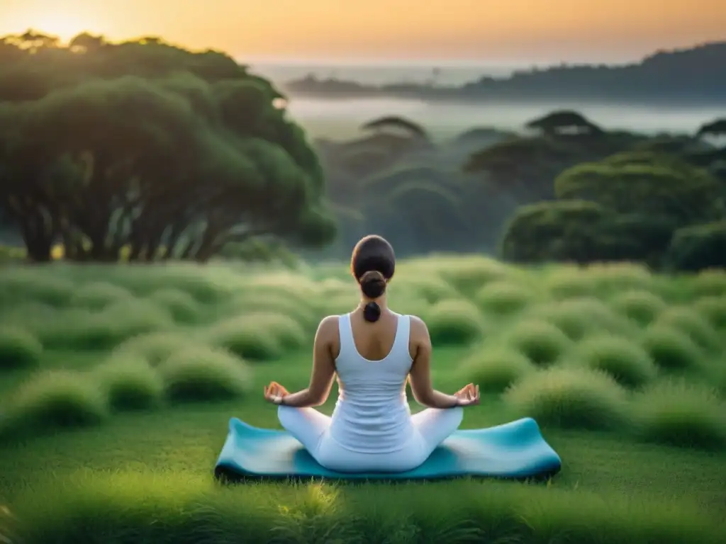 Retiro de yoga y meditación en Uruguay: personas meditan en prado verde al atardecer, expresando paz y conexión con la naturaleza