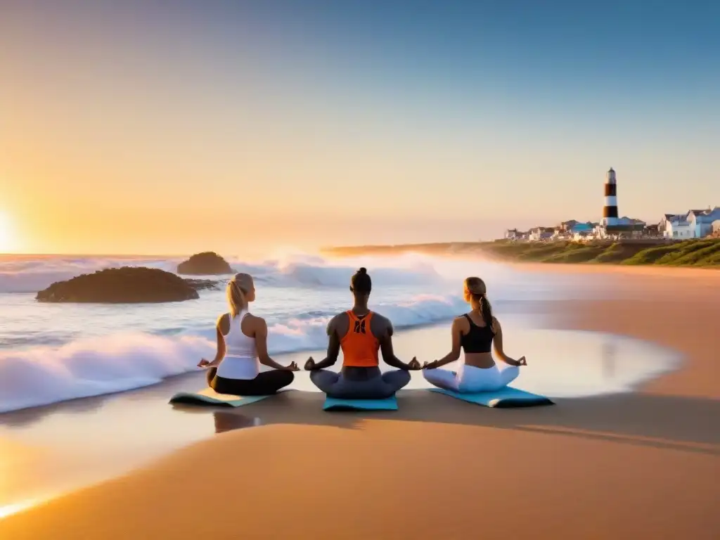 Retiro yoga surf Uruguay: Grupo de yoguis practicando al amanecer en la playa de Punta del Diablo, con olas y sol naranja