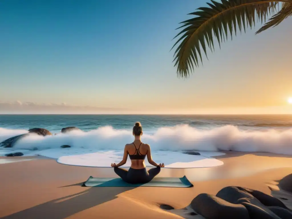 Retiro de yoga en Uruguay: Practicantes en la playa al amanecer, en poses elegantes, con luz dorada sobre el mar tranquilo