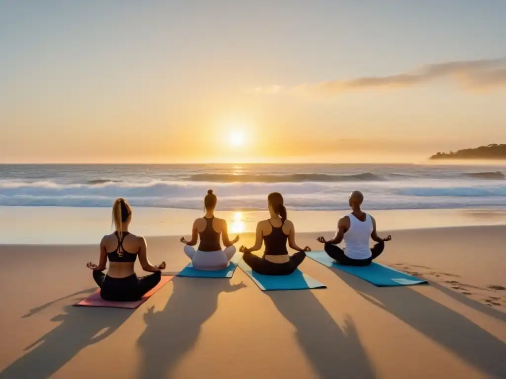 Retiro de yoga en Uruguay: Practicantes de yoga al amanecer en la playa, con una atmósfera serena y rejuvenecedora