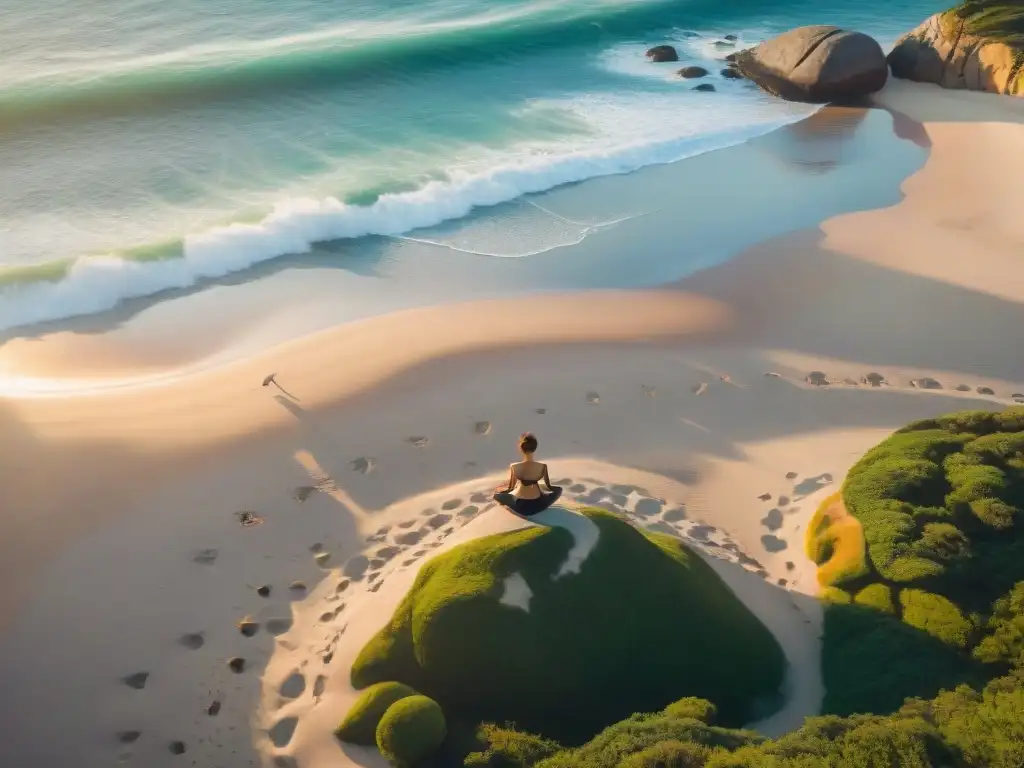 Retiro de yoga en Uruguay: Practicantes de yoga en la playa al amanecer, rodeados de naturaleza serena