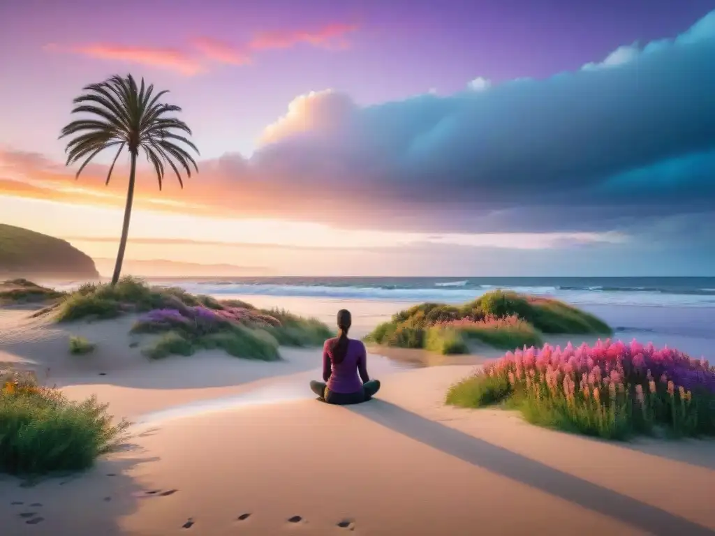 Un retiro de meditación en Uruguay: playa serena al atardecer, olas suaves, figura meditando entre palmeras y flores silvestres, cielo rosa y naranja