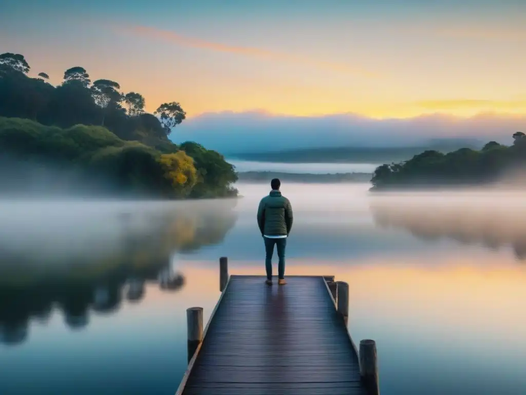 Retiro de meditación en Uruguay: amanecer sereno sobre lago, figura meditando en muelle de madera rodeado de naturaleza