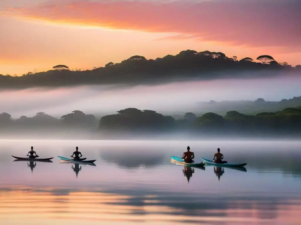 Retiro de yoga en Uruguay: Amanecer sereno en Laguna Garzón, practicando yoga en paddleboards al amanecer