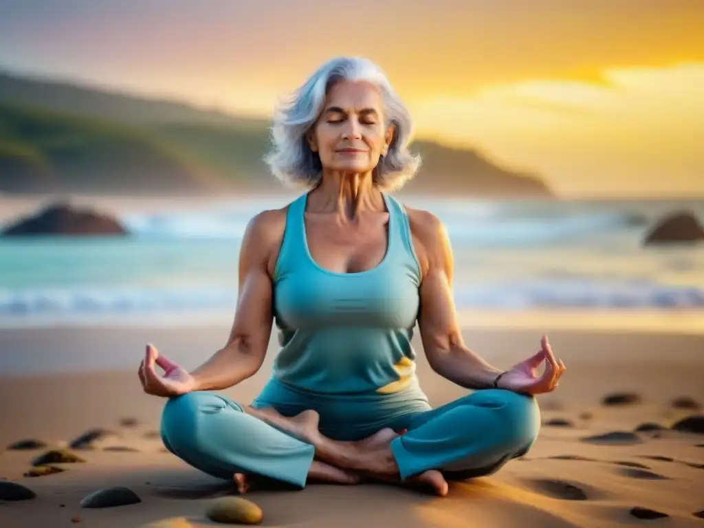 Retiro de yoga para la tercera edad en Uruguay: anciana practicando yoga en la playa al atardecer con olas suaves