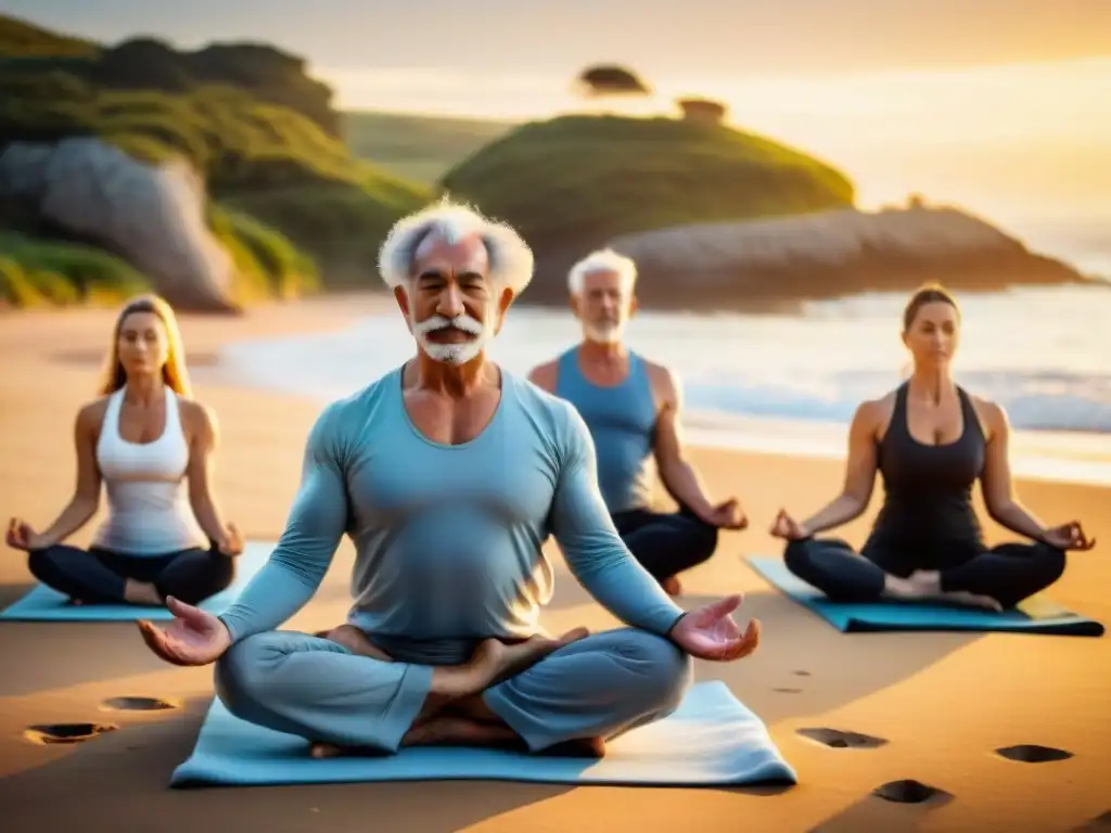 Retiro de yoga para la tercera edad en Uruguay: grupo de ancianos practicando yoga al amanecer en la playa, en armonía y serenidad