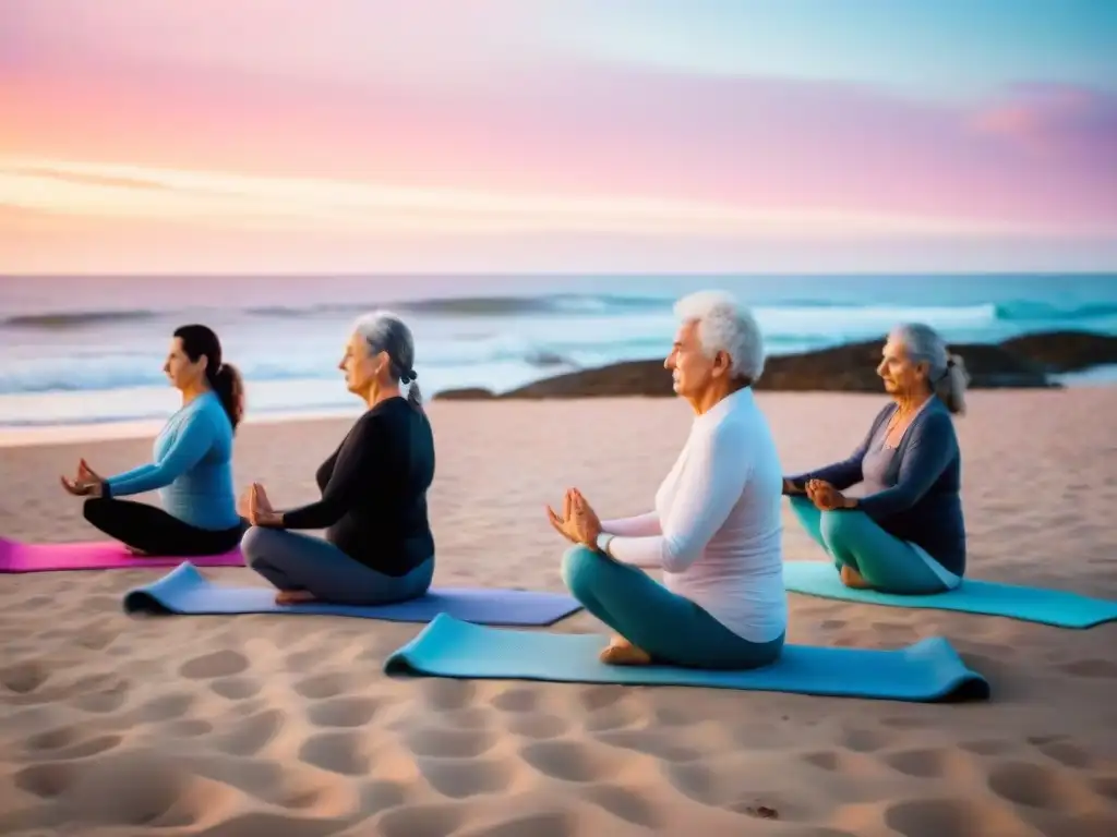 Retiro de yoga para la tercera edad en Uruguay: ancianos practicando en la playa al amanecer