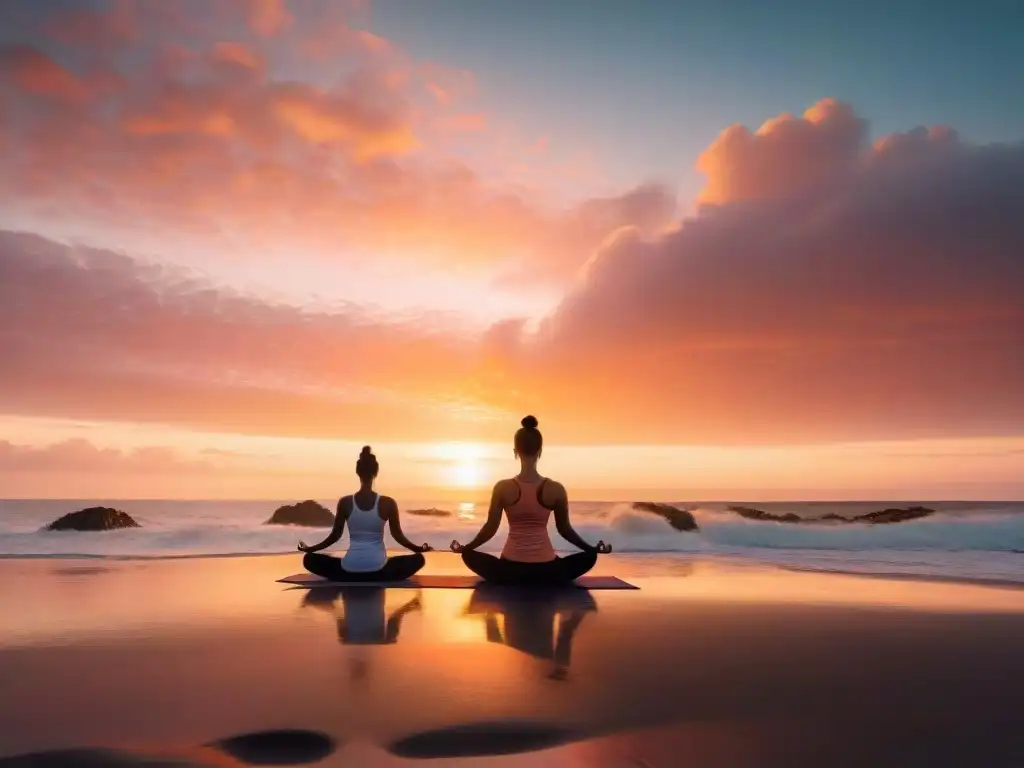 Retiro de yoga tradicional en Uruguay: grupo practica yoga al atardecer en playa aislada, rodeados de naturaleza exuberante y sonido del mar