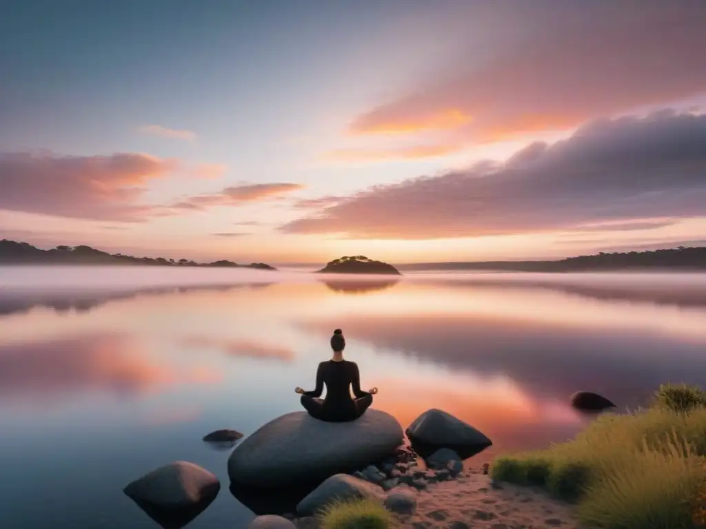 Retiro de meditación trascendental en Uruguay: amanecer sereno en lago, personas meditando, armonía con la naturaleza