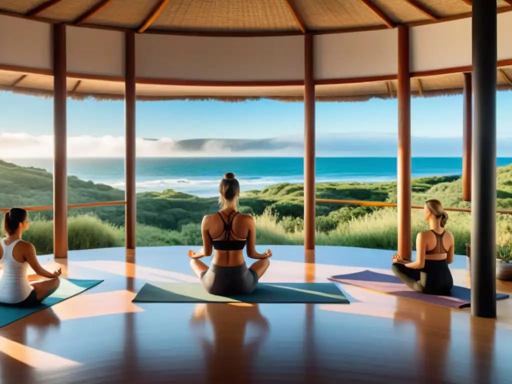 Retiro de yoga en Uruguay: grupo variado practica yoga en centro rodeado de naturaleza con vista al mar