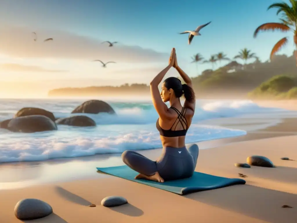 Retiro de yoga en Uruguay: Grupo variado practica yoga al amanecer en una playa tranquila, con poses que reflejan fuerza y paz interior