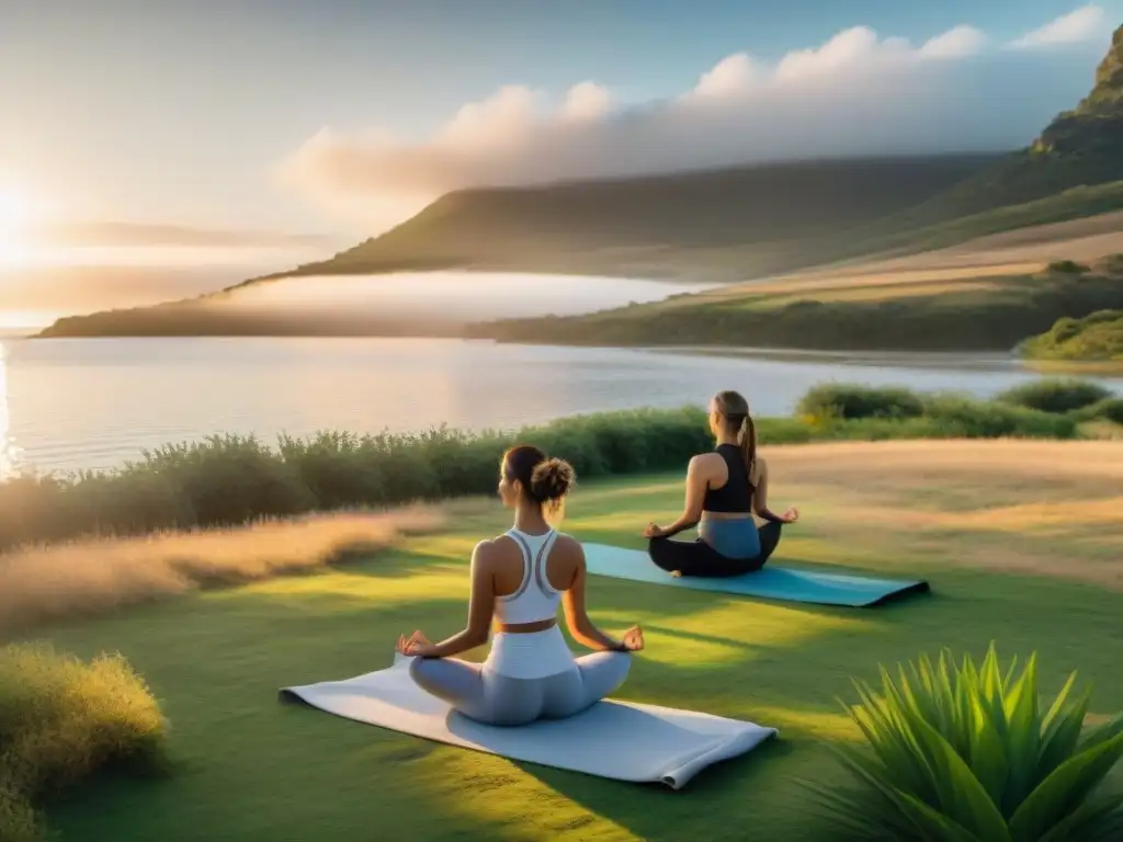 Un retiro de yoga en Uruguay: Grupo variado practica yoga en prado verde junto a lago sereno al atardecer