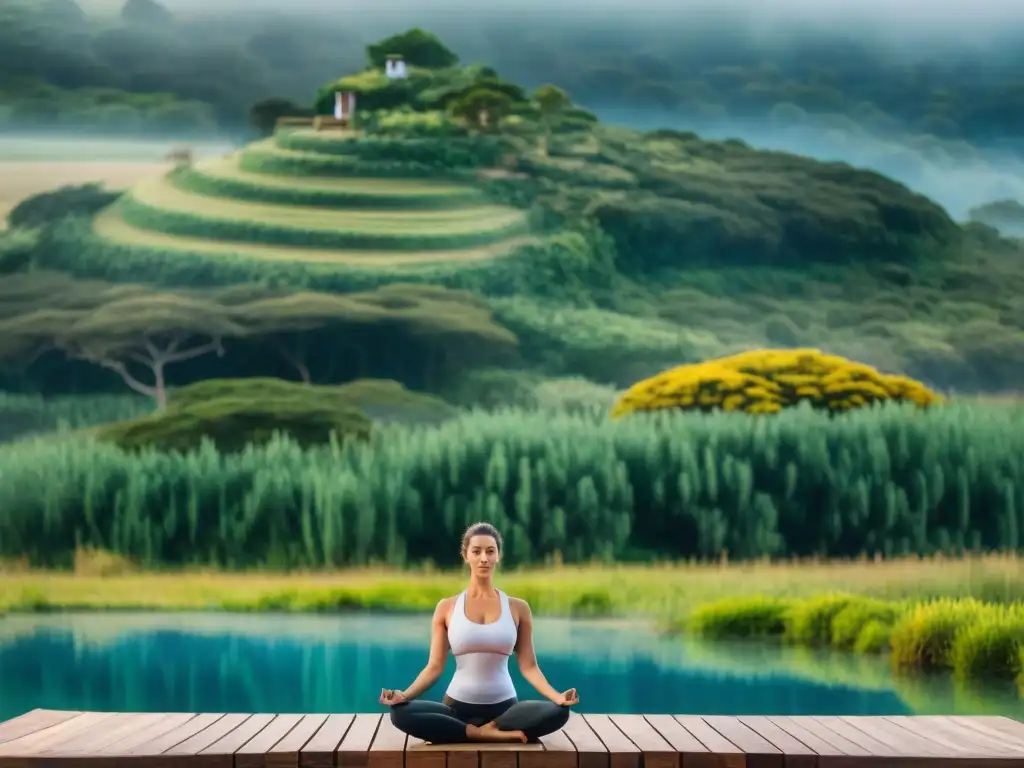 Retiro de yoga en Uruguay: paisaje verde con lago, cielo azul y práctica de yoga en muelle de madera