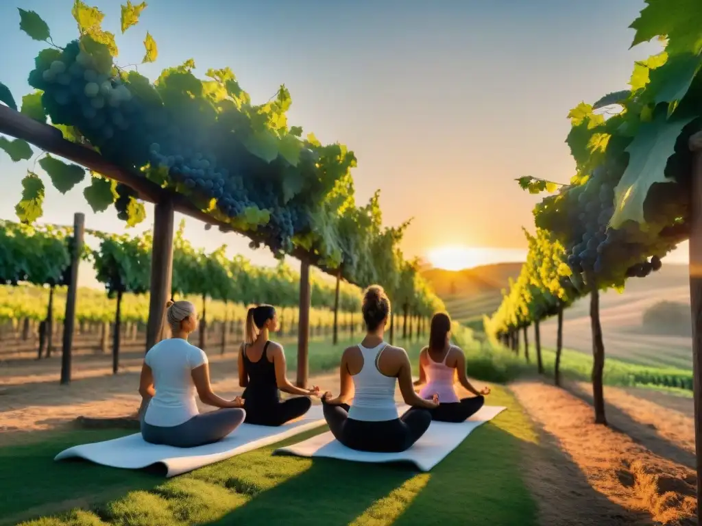 Retiro de yoga y vino en Uruguay: Practicantes en un viñedo al atardecer, armonía y serenidad entre las uvas maduras