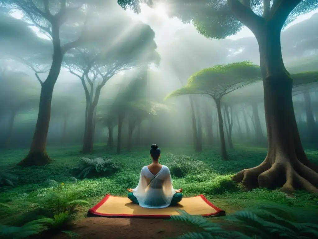 Un retiro de meditación Vipassana en Uruguay: un bosque verde sereno donde un meditador se sumerge en calma y conexión espiritual