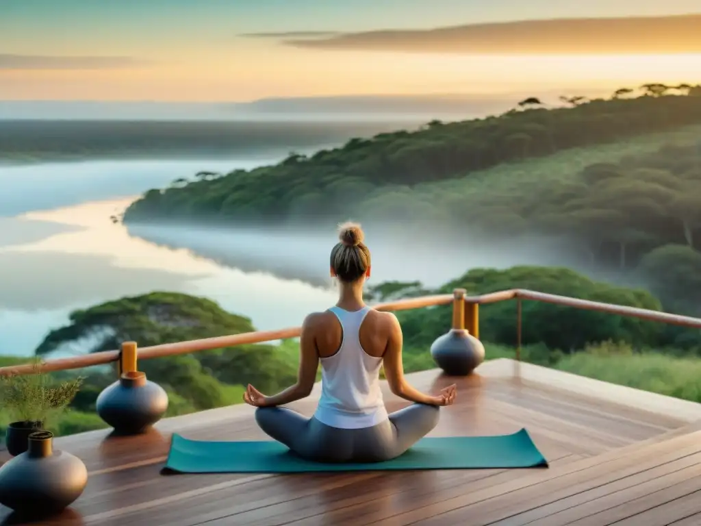 Un retiro de yoga en Uruguay: práctica de yoga al atardecer en un muelle de madera junto a un lago sereno