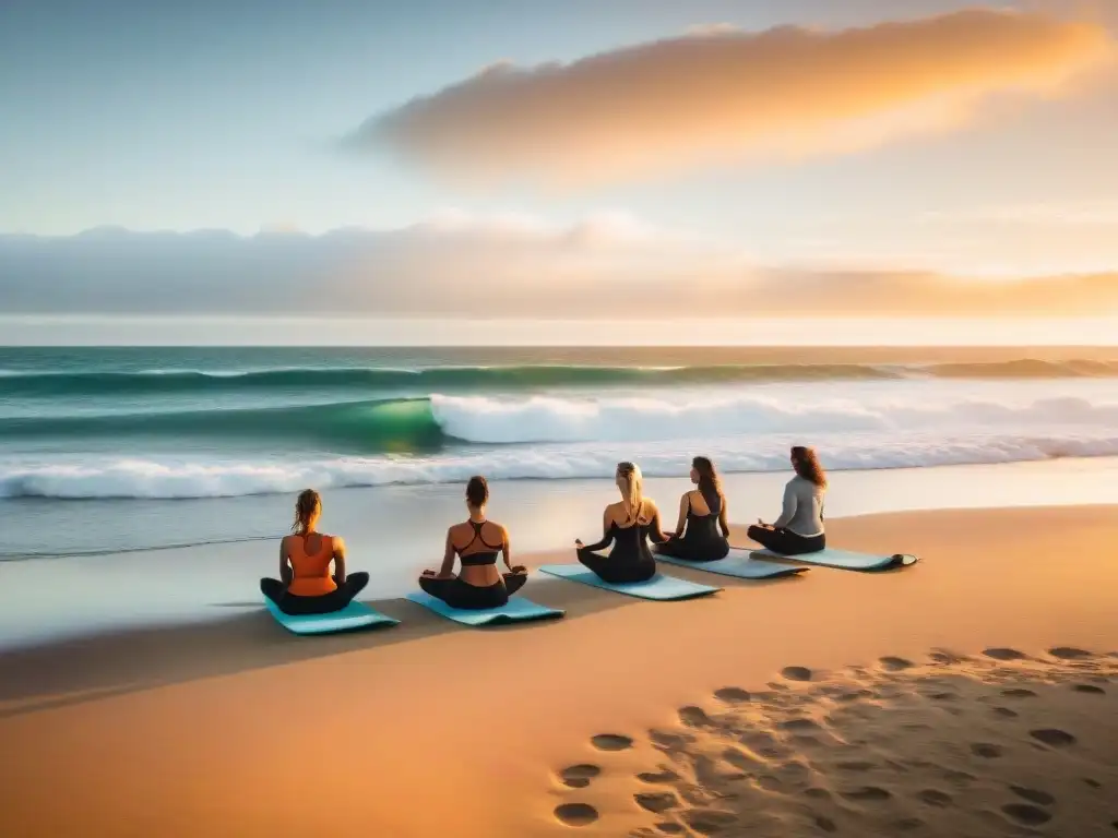 Retiro de yoga surf en Uruguay: atardecer sereno en la playa con práctica de yoga y surfistas en el mar al fondo