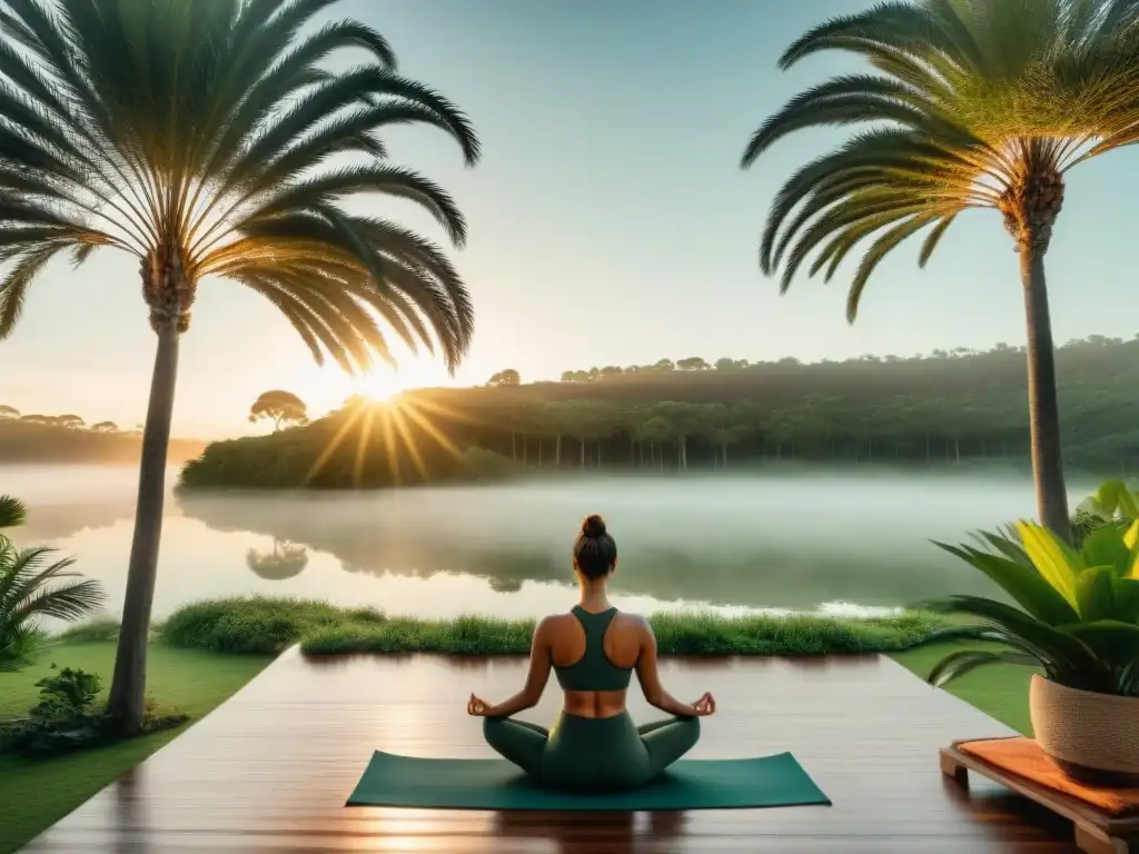 Un retiro de yoga cortos en Uruguay, con un deck al aire libre rodeado de palmeras y un lago sereno al atardecer