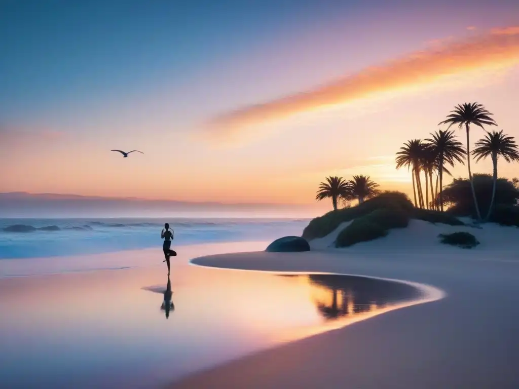 Retiro de yoga al amanecer en la playa de Punta del Este, Uruguay, con pastel y serenidad