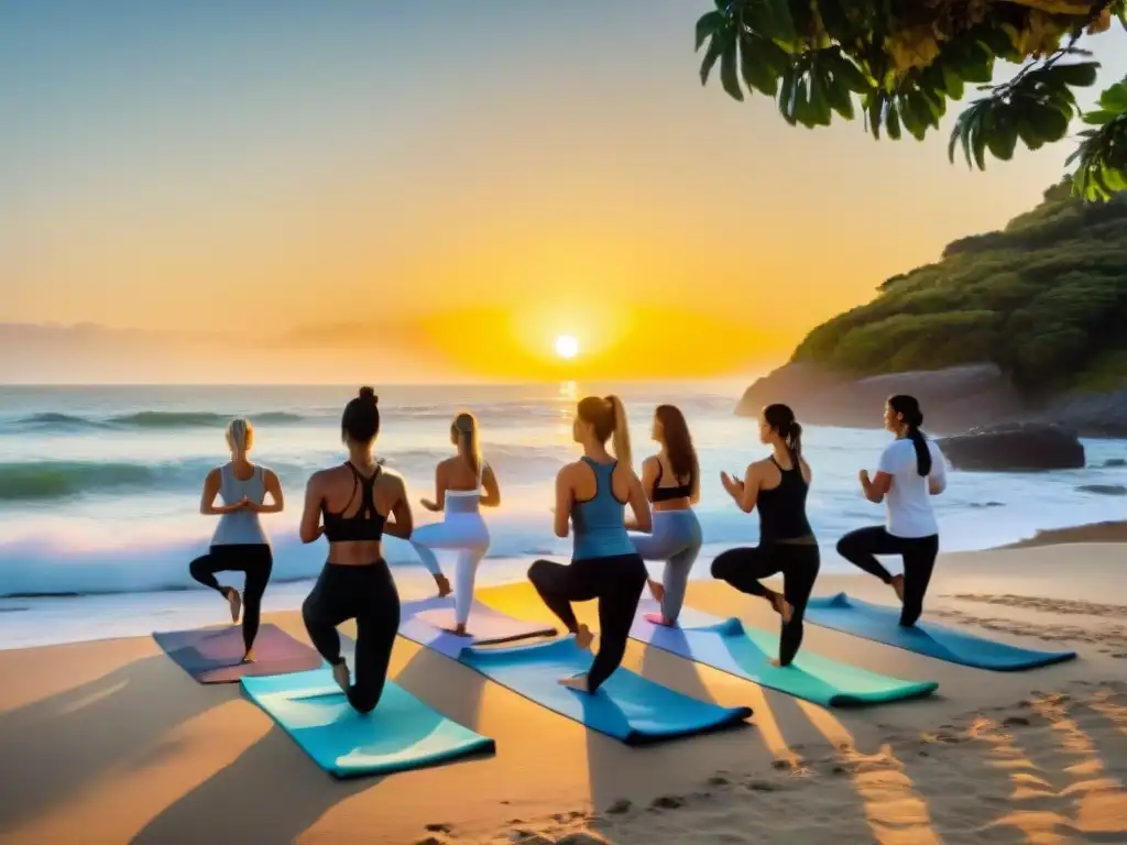 Retiro de yoga al amanecer en una playa serena de Uruguay, con practicantes en poses de paz y armonía