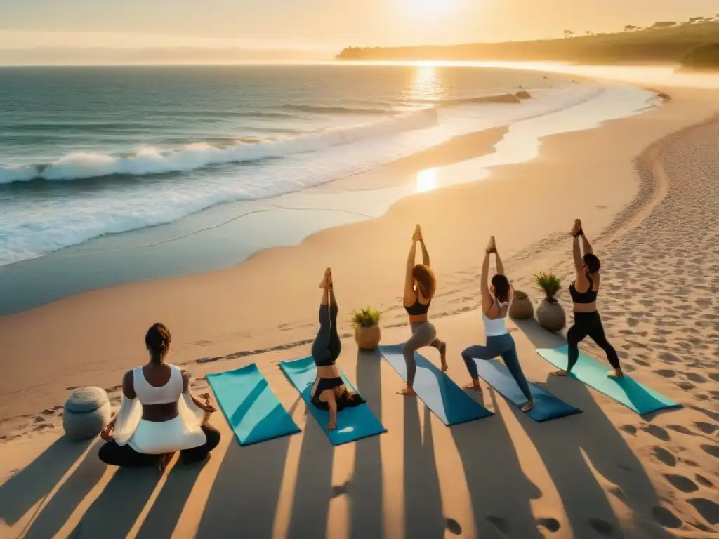 Retiros de astrología y yoga en Uruguay: Personas practicando yoga al atardecer en una playa serena