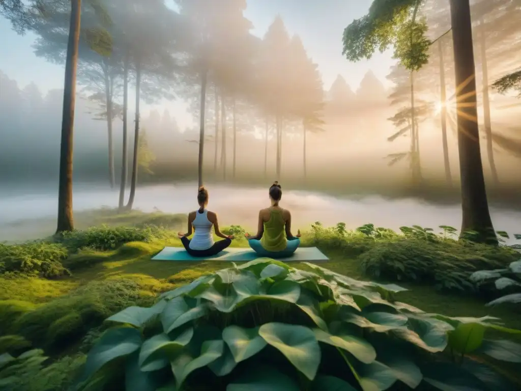 Retiros yoga meditación Uruguay desconexión: Grupo practica yoga al atardecer en bosque verde, lejos de la tecnología