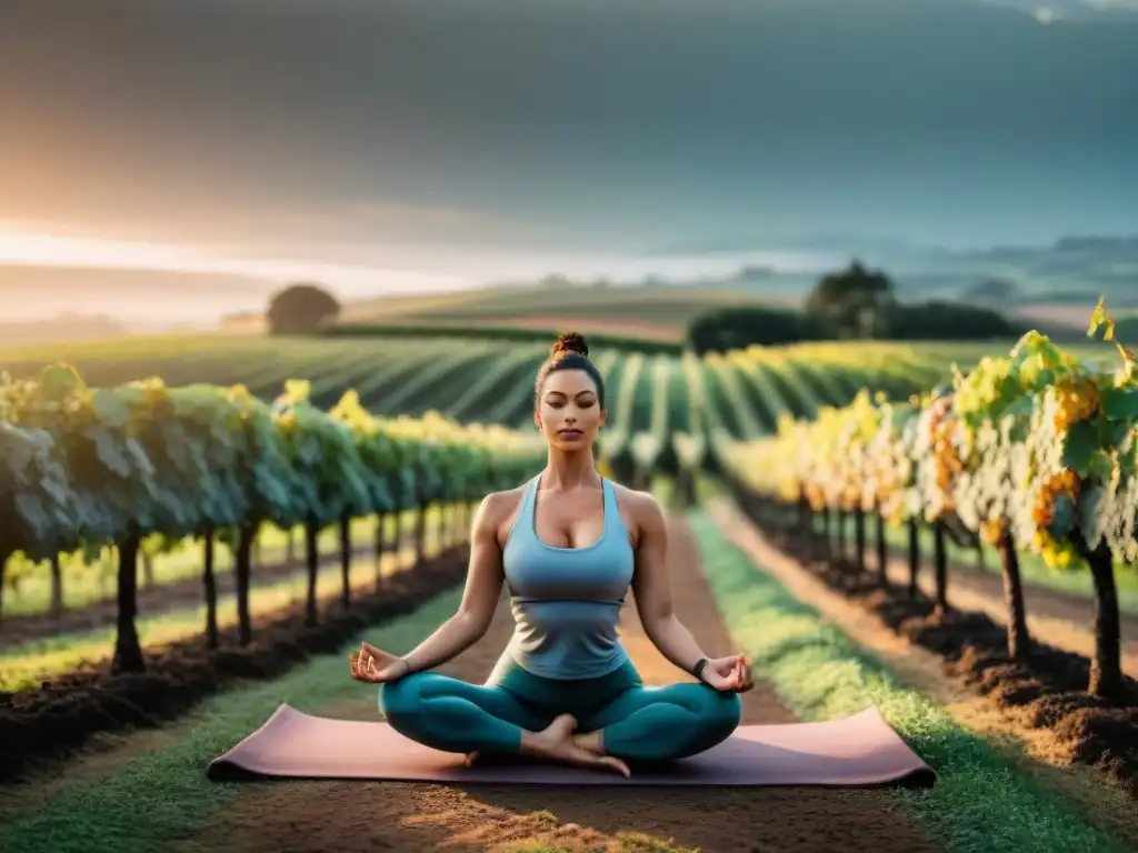 Retiros de yoga y vino en Uruguay: Grupo diverso practicando yoga al atardecer en viñedos, bajo una luz cálida y armoniosa