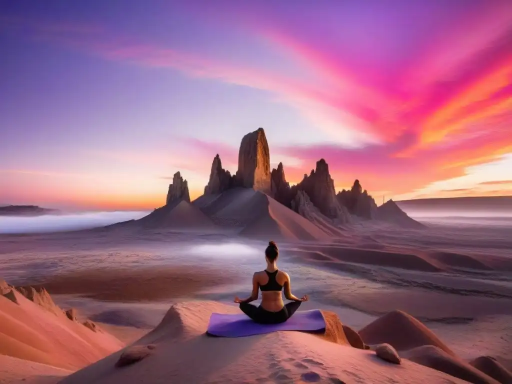 Retiros espirituales en el místico Valle de la Luna en Uruguay, con vibrantes colores en el atardecer y personas practicando yoga