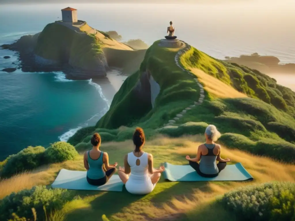 Retiros yoga familiar en Uruguay: Familia practicando yoga en armonía en la naturaleza al atardecer