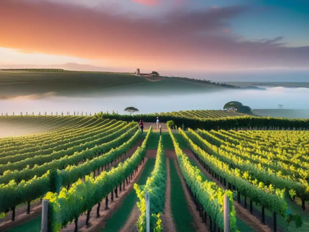 Retiros de yoga y vino en Uruguay: Personas practicando yoga al atardecer en un viñedo sereno