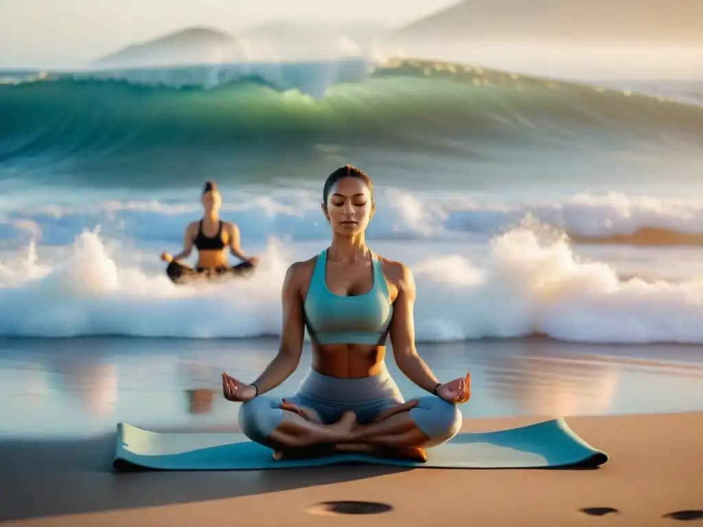 Retiros de yoga en Uruguay: Practicantes realizan poses al amanecer en una playa serena, guiados por un instructor