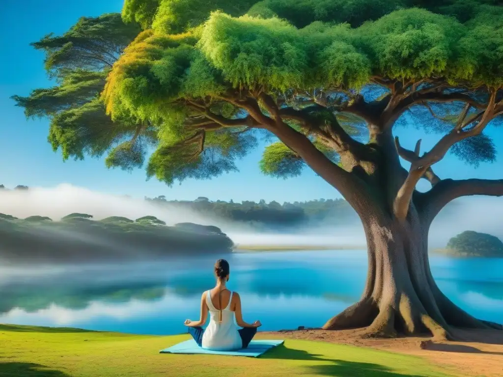 Retiros de meditación en Uruguay: vista serena de un refugio de meditación con paisajes verdes y personas meditando bajo un árbol