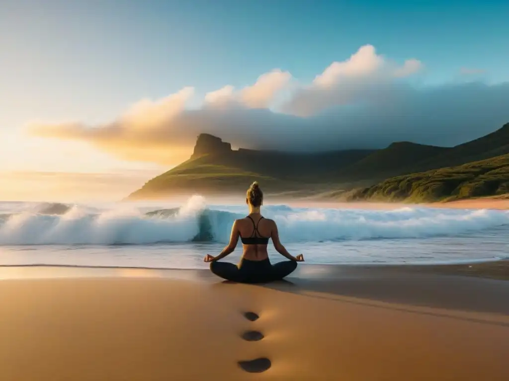 Retiros yoga surf Uruguay: Amanecer sereno en la playa, practicando yoga frente al mar