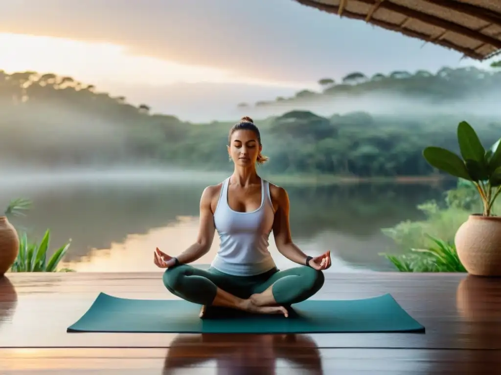 Retiros de yoga avanzados en Uruguay: Practicantes en deck al aire libre, rodeados de naturaleza y lago tranquilo al atardecer