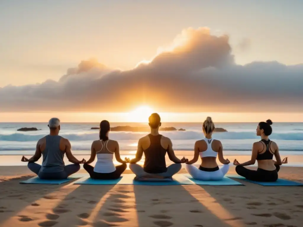 Retiros de yoga inclusivos en Uruguay: Grupo variado practica yoga en la playa al atardecer, demostrando unidad y armonía