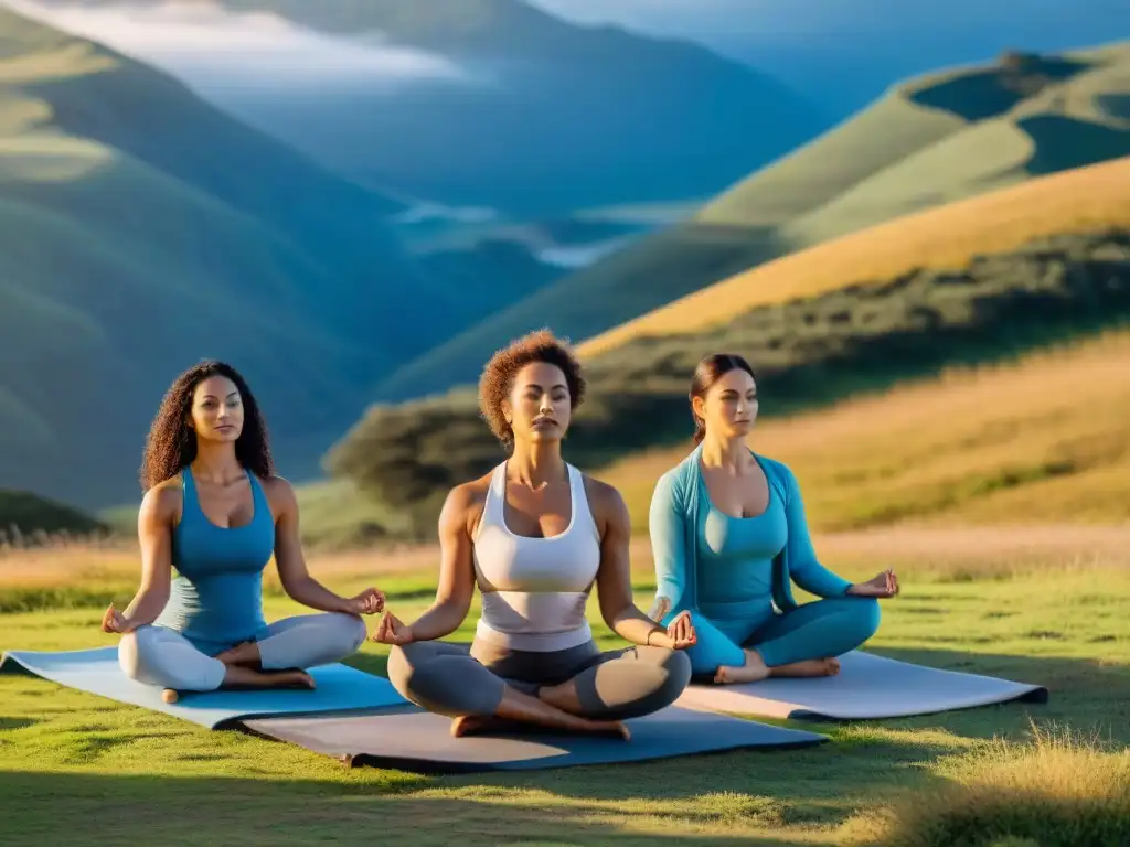 Retiros de yoga en montañas uruguayas: Practicantes en poses serenas en un escenario natural inspirador