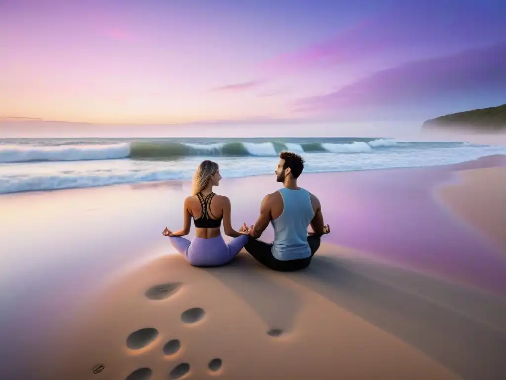 Retiros de yoga para parejas en Uruguay: pareja practicando yoga al amanecer en una playa serena y aislada, en armonía y conexión