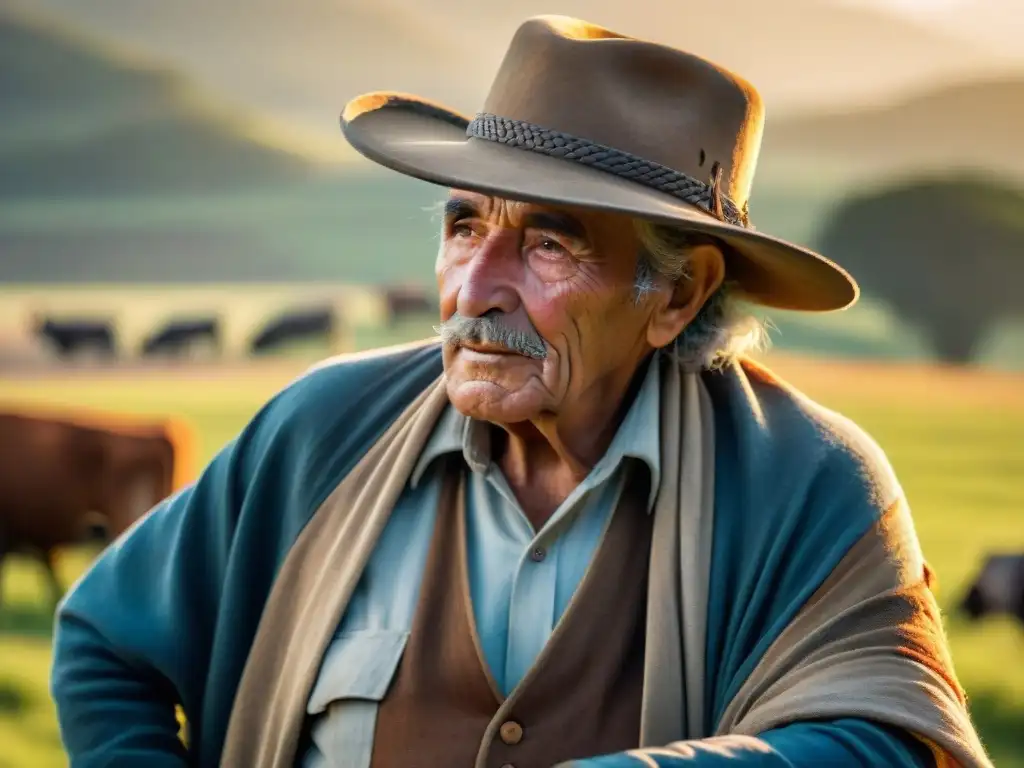 Retrato de un anciano gaucho uruguayo en un campo soleado con ganado, destacando la vida rural de Uruguay