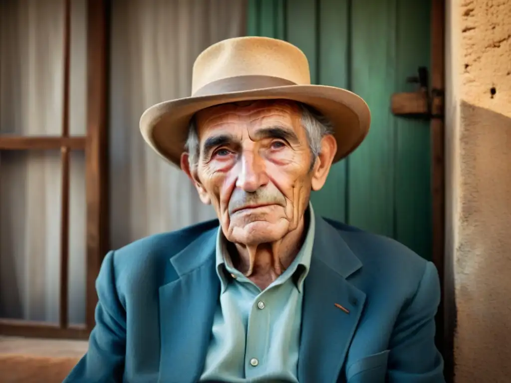 Retrato auténtico de un anciano uruguayo con rasgos marcados, sentado en una silla rústica frente a una pared de adobe