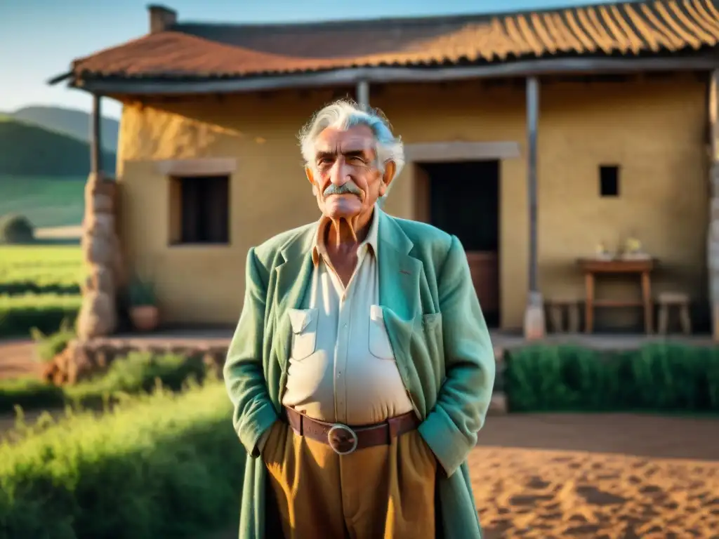 Retrato auténtico de un gaucho uruguayo frente a su casa de adobe, representando la esencia del pueblo uruguayo