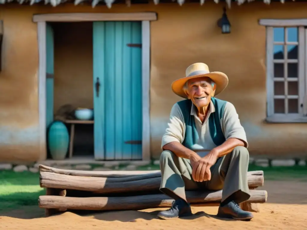 Retrato auténtico de un hombre uruguayo mayor, con sombrero de paja y poncho, frente a una casa de adobe, mientras niños juegan al fútbol en el campo