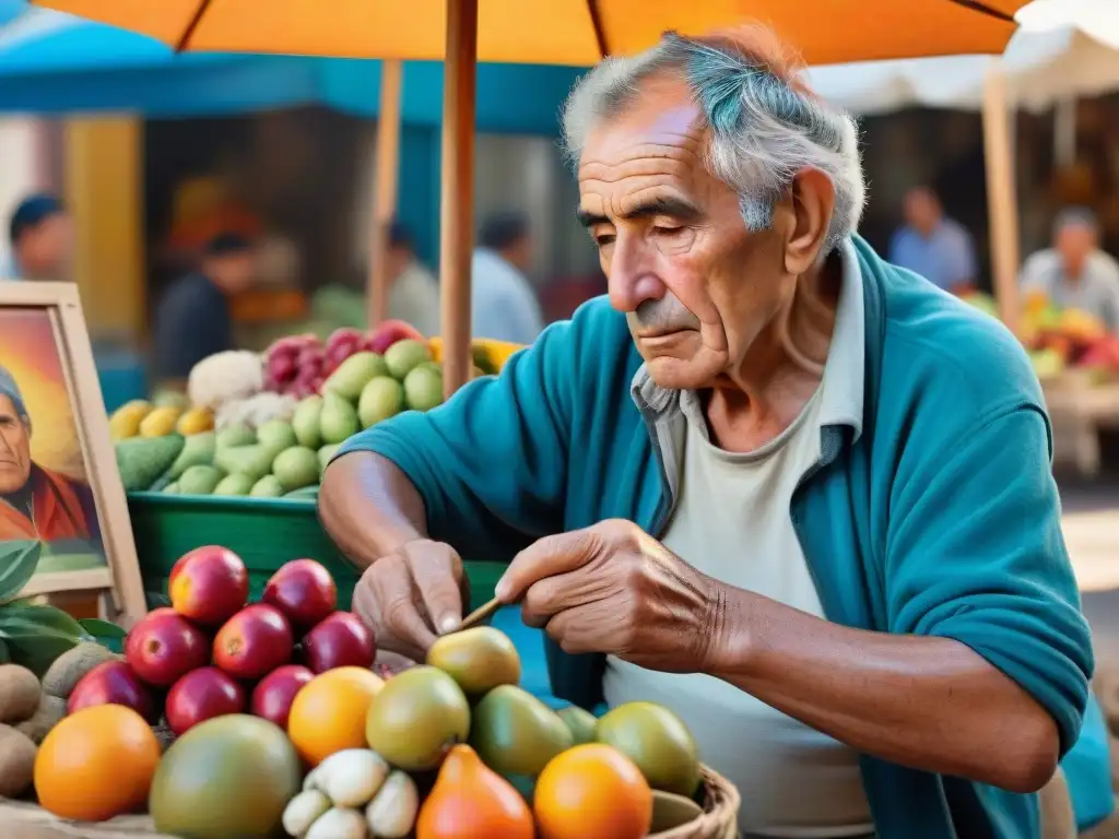 Un retrato auténtico del pueblo uruguayo: artista local pinta detalladamente a anciano en plaza con frutas y artesanías