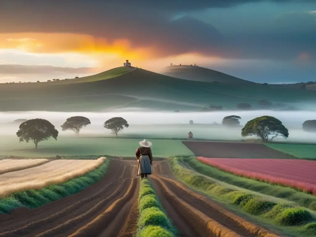 Retrato conmovedor: amanecer dorado en campo uruguayo con agricultor mirando al horizonte