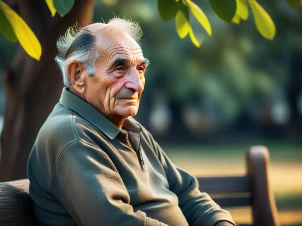 Retrato conmovedor de un anciano uruguayo en un banco de madera bajo un árbol