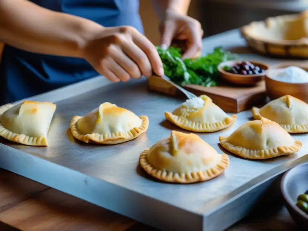 Un retrato detallado y auténtico de la cocina uruguaya con expertas manos preparando empanadas